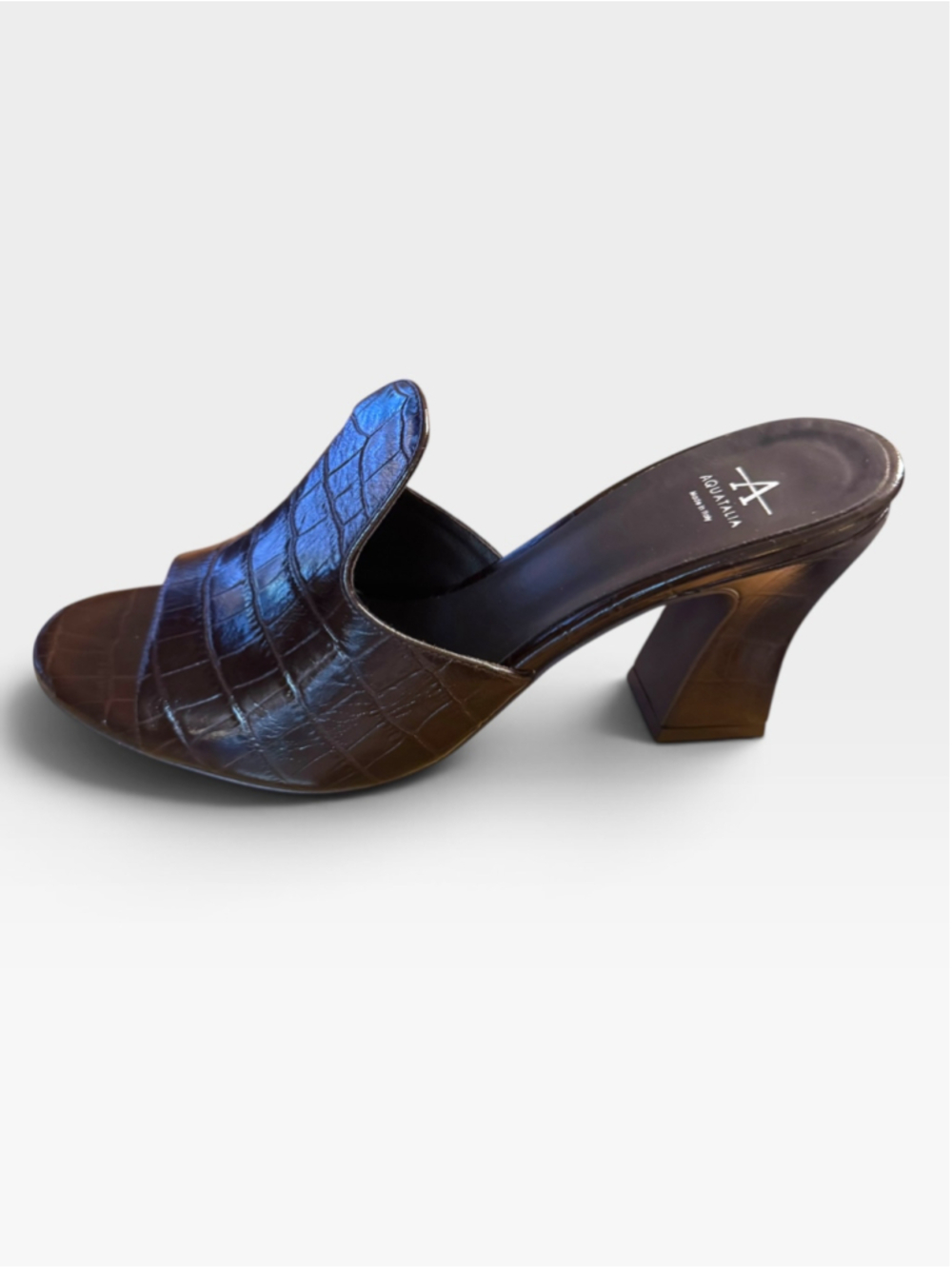 Size 10.5 Aquatalia Dark Brown Croc Italian Leather low fluted block heel mule